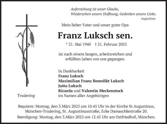 Traueranzeige von Franz Luksch von merkurtz