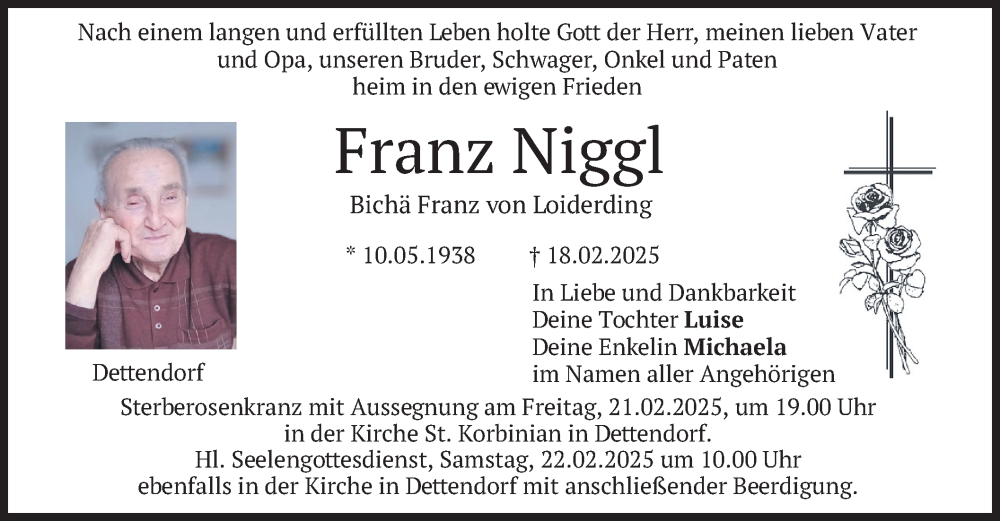  Traueranzeige für Franz Niggl vom 20.02.2025 aus merkurtz