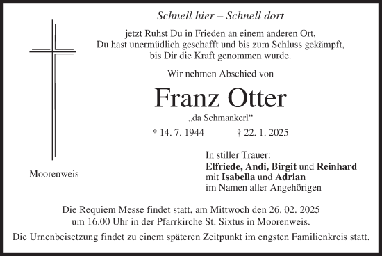 Traueranzeige von Franz Otter von merkurtz