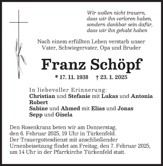 Traueranzeige von Franz Schöpf von merkurtz