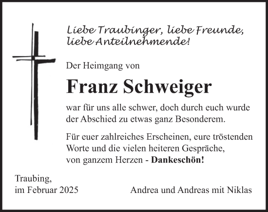 Traueranzeige von Franz Schweiger von merkurtz