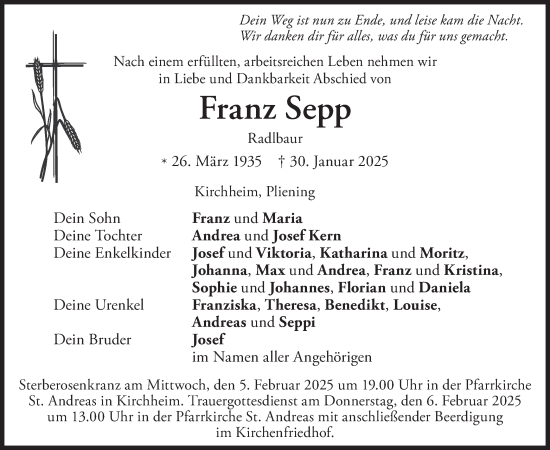 Traueranzeige von Franz Sepp von merkurtz