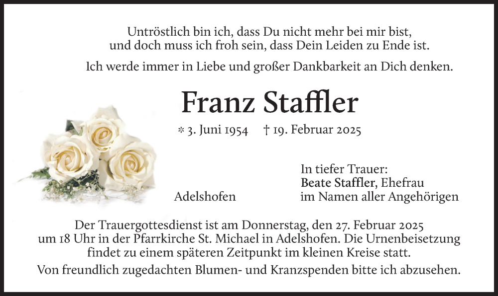  Traueranzeige für Franz Staffler vom 22.02.2025 aus merkurtz