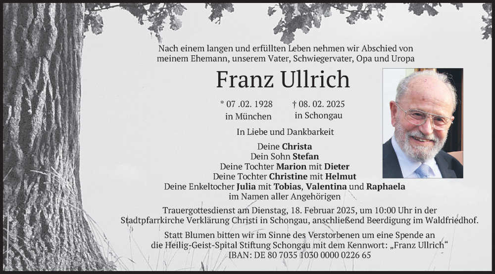  Traueranzeige für Franz Ullrich vom 15.02.2025 aus merkurtz