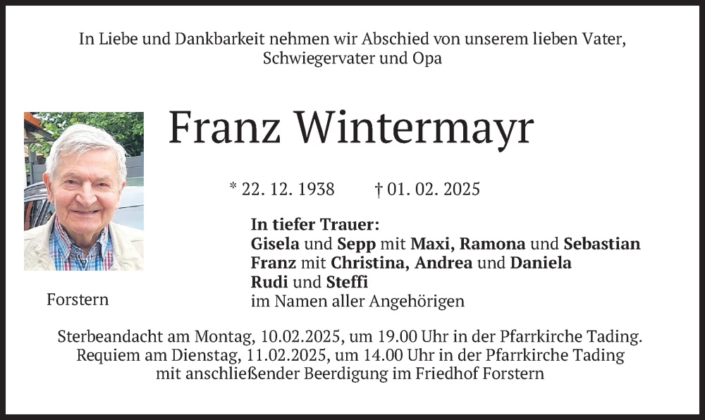  Traueranzeige für Franz Wintermayr vom 08.02.2025 aus merkurtz