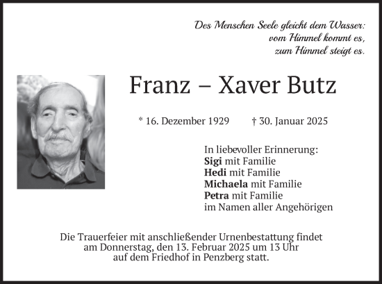 Traueranzeige von Franz-Xaver Butz von merkurtz