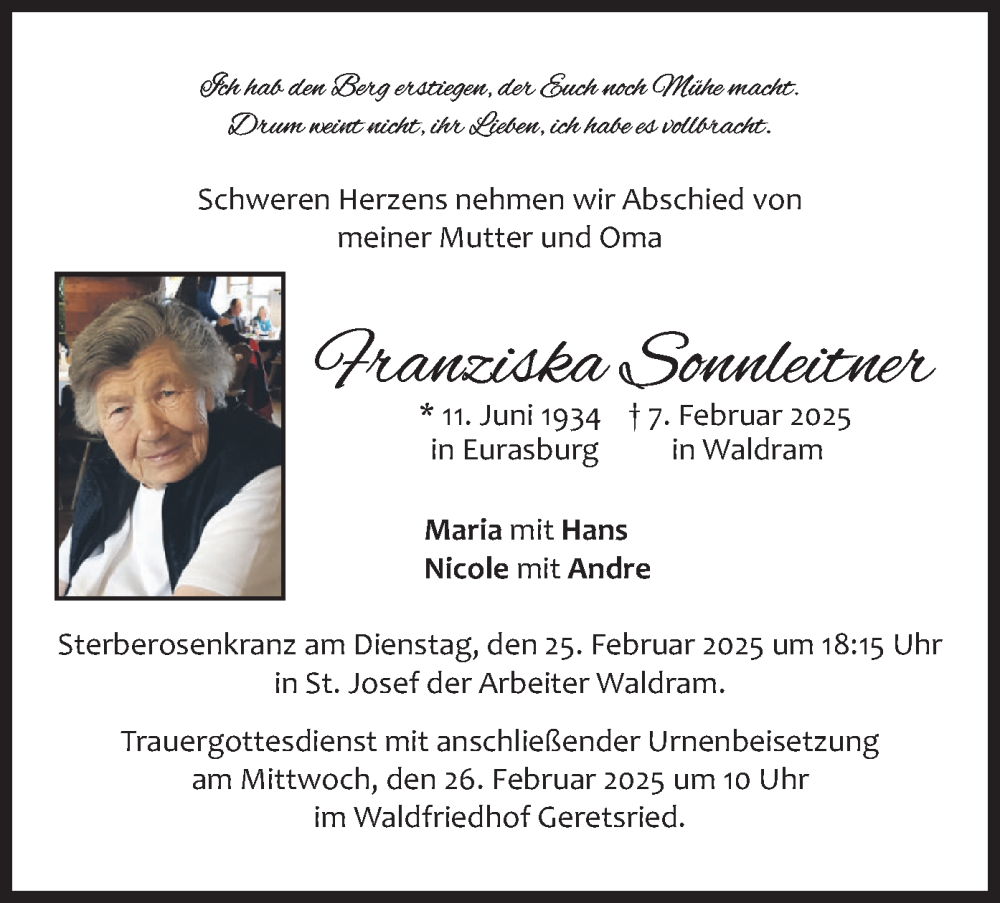  Traueranzeige für Franziska Sonnleitner vom 22.02.2025 aus merkurtz