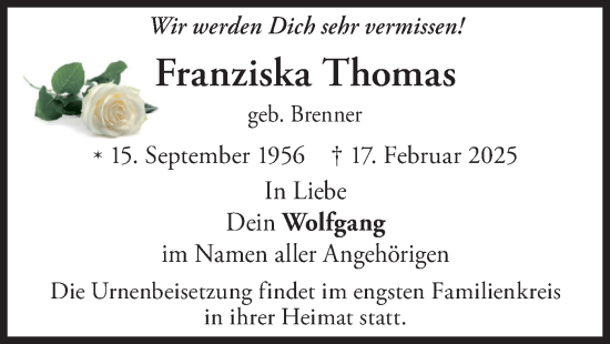 Traueranzeige von Franziska Thomas von merkurtz
