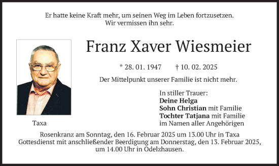Traueranzeige von Franz Xaver Wiesmeier von merkurtz