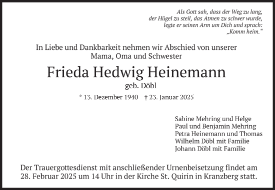 Traueranzeige von Frieda Hedwig Heinemann von merkurtz