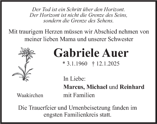 Traueranzeige von Gabriele Auer von merkurtz