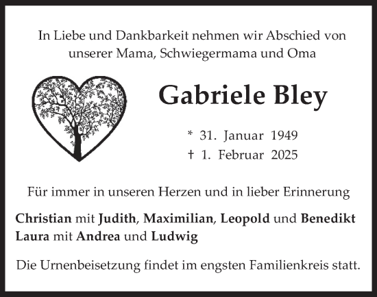 Traueranzeige von Gabriele Bley von merkurtz