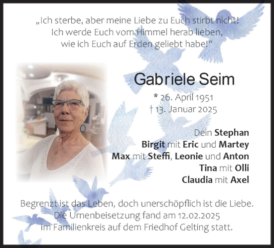Traueranzeige von Gabriele Seim von merkurtz