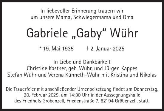 Traueranzeige von Gabriele Wühr von merkurtz