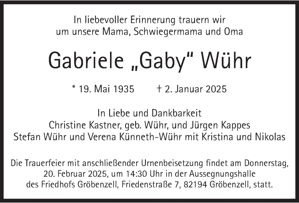  Traueranzeige für Gabriele Wühr vom 15.02.2025 aus merkurtz