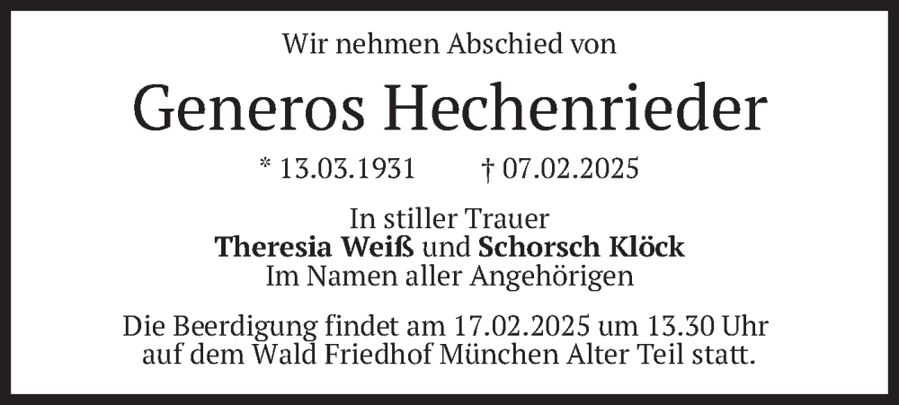  Traueranzeige für Generos Hechenrieder vom 15.02.2025 aus merkurtz