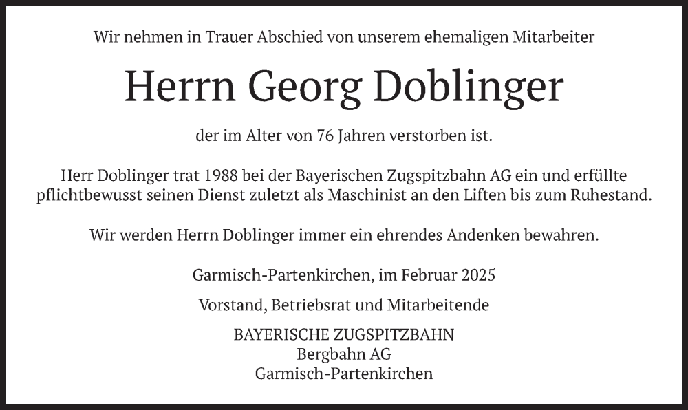  Traueranzeige für Georg Doblinger vom 18.02.2025 aus merkurtz