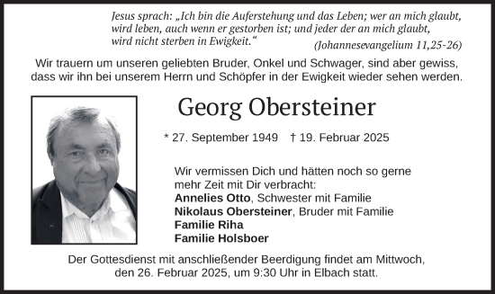 Traueranzeige von Georg Obersteiner von merkurtz