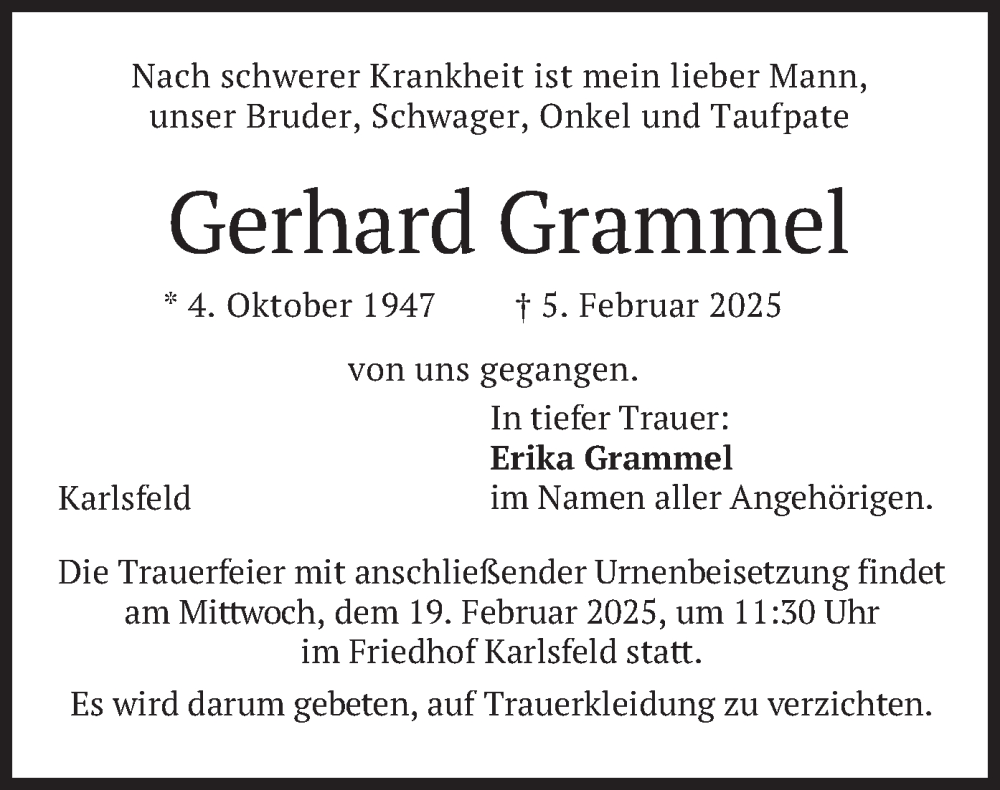  Traueranzeige für Gerhard Grammel vom 08.02.2025 aus merkurtz