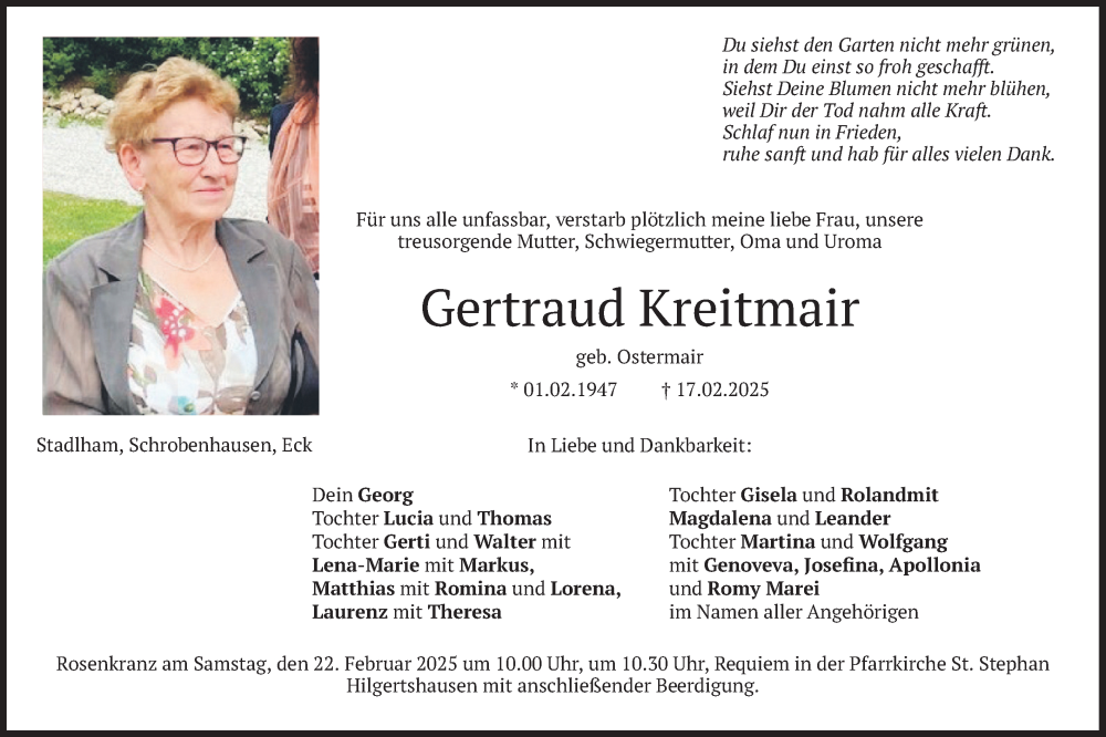  Traueranzeige für Gertraud Kreitmair vom 19.02.2025 aus merkurtz