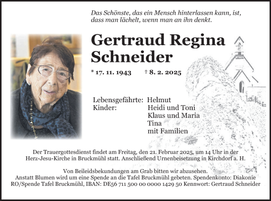 Traueranzeige von Gertraud Regina Schneider von merkurtz