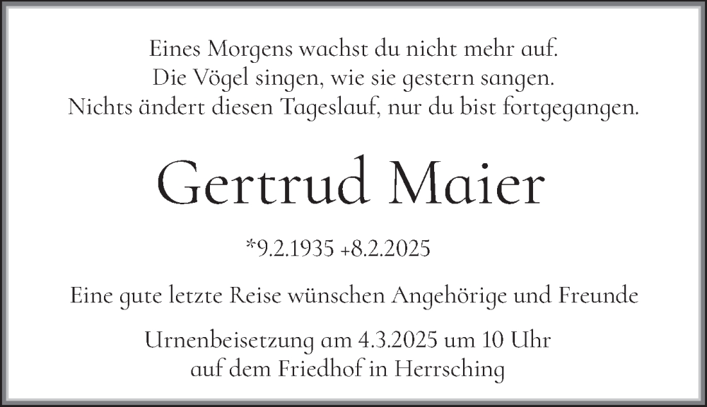  Traueranzeige für Gertrud Maier vom 28.02.2025 aus merkurtz
