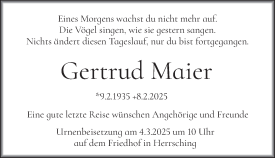 Traueranzeige von Gertrud Maier von merkurtz