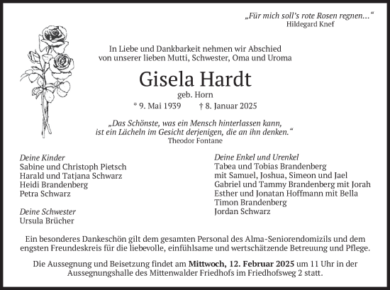 Traueranzeige von Gisela Hardt von merkurtz