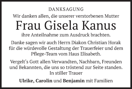Traueranzeige von Gisela Kanus von merkurtz