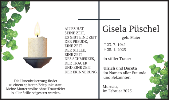 Traueranzeige von Gisela Püschel von merkurtz