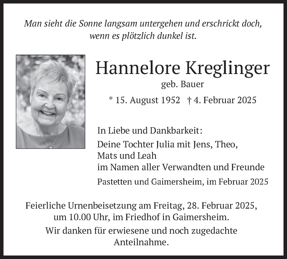  Traueranzeige für Hannelore Kreglinger vom 22.02.2025 aus merkurtz