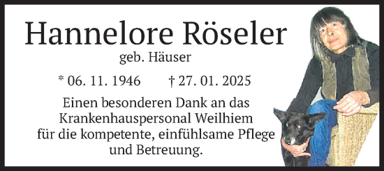 Traueranzeige von Hannelore Röseler von merkurtz