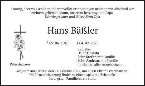 Traueranzeige von Hans Bäßler von merkurtz