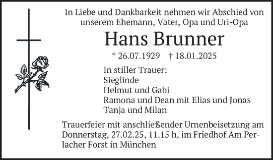 Traueranzeige von Hans Brunner von merkurtz