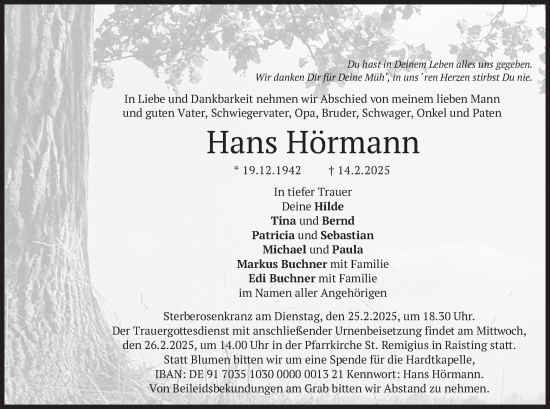 Traueranzeige von Hans Hörmann von merkurtz