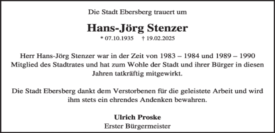 Traueranzeige von Hans-Jörg Stenzer von merkurtz