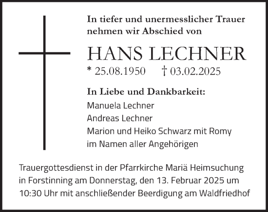 Traueranzeige von Hans Lechner von merkurtz