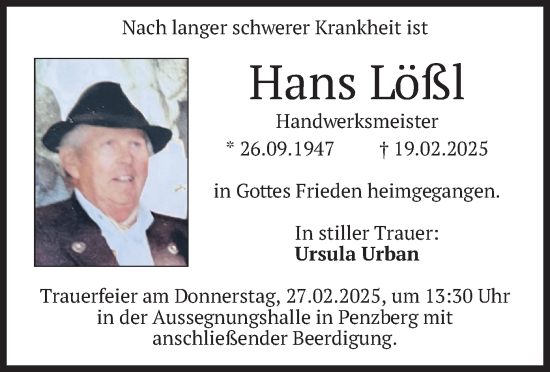 Traueranzeige von Hans Lößl von merkurtz