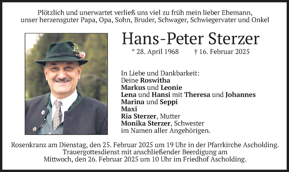  Traueranzeige für Hans-Peter Sterzer vom 22.02.2025 aus merkurtz