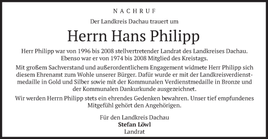 Traueranzeige von Hans Philipp von merkurtz