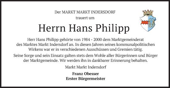 Traueranzeige von Hans Philipp von merkurtz