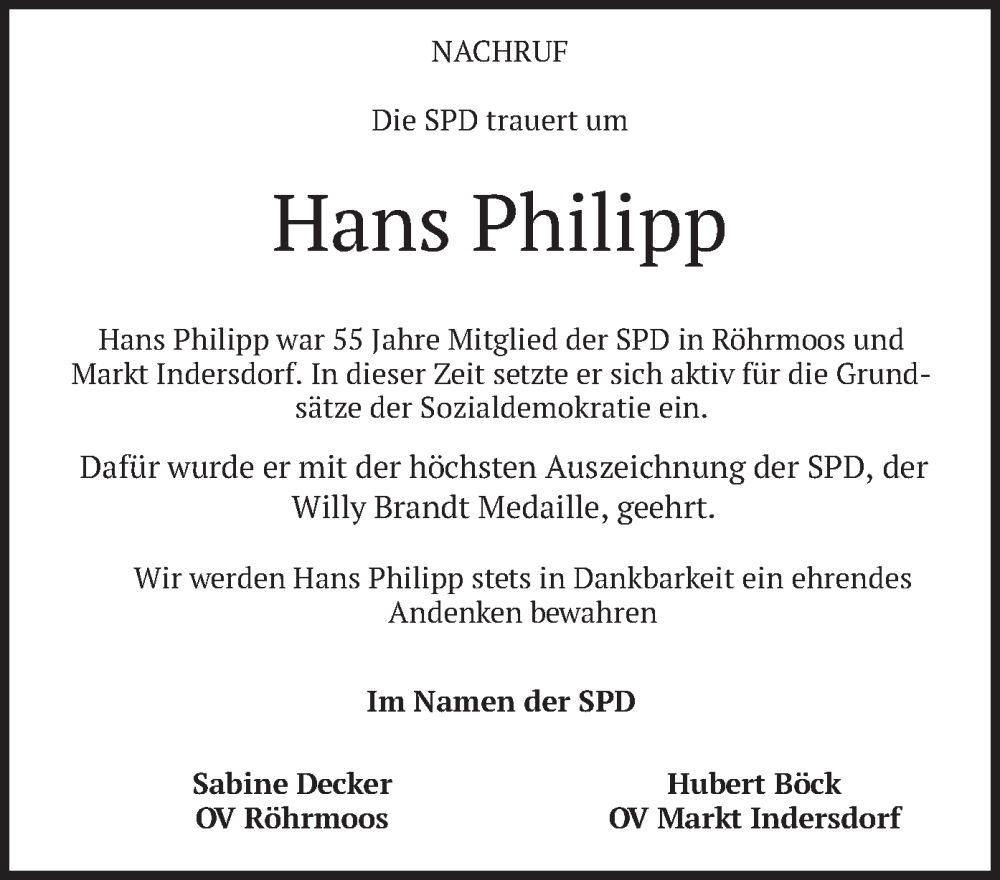  Traueranzeige für Hans Philipp vom 07.02.2025 aus merkurtz