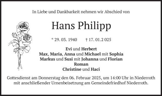 Traueranzeige von Hans Philipp von merkurtz