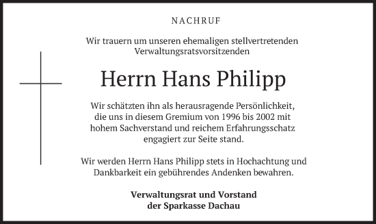 Traueranzeige von Hans Philipp von merkurtz