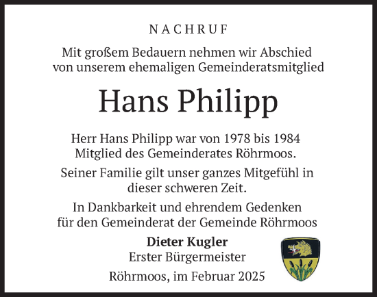 Traueranzeige von Hans Philipp von merkurtz