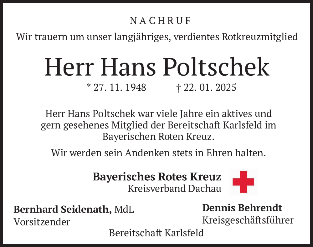  Traueranzeige für Hans Poltschek vom 08.02.2025 aus merkurtz