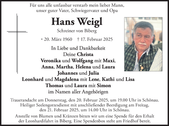 Traueranzeige von Hans Weigl von merkurtz