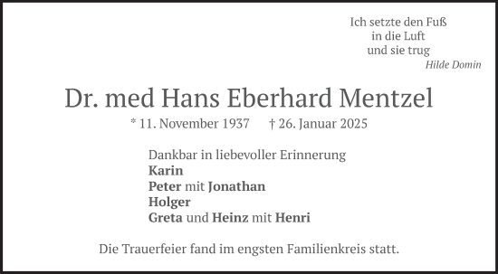 Traueranzeige von Hans Eberhard Mentzel von merkurtz