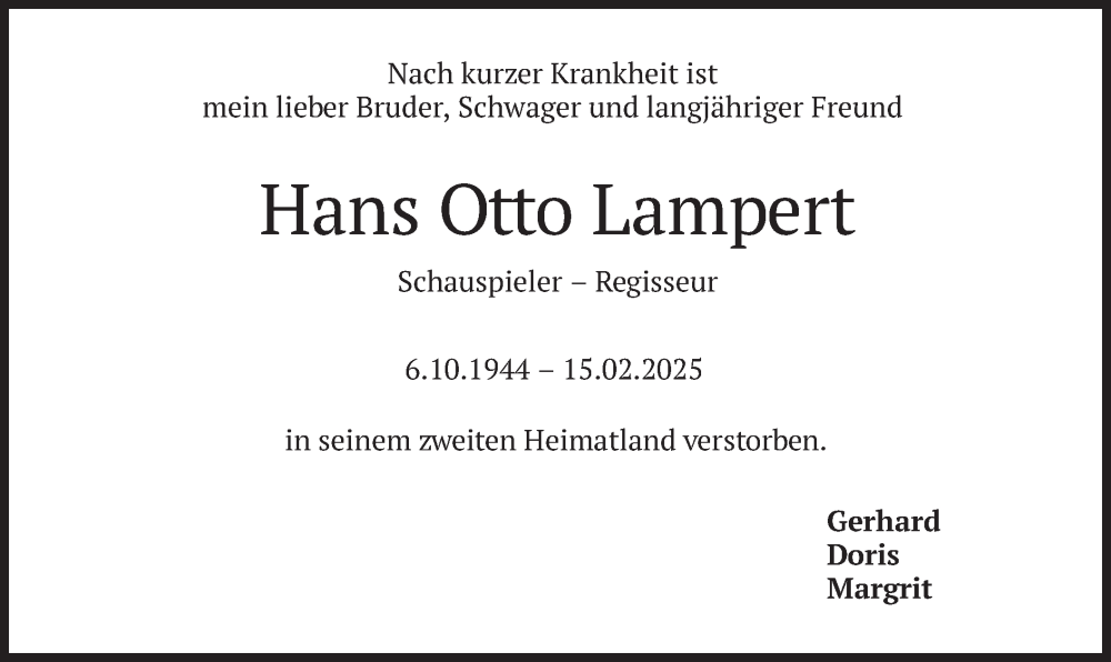  Traueranzeige für Hans Otto Lampert vom 22.02.2025 aus merkurtz