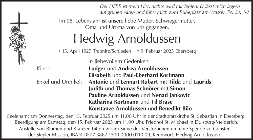  Traueranzeige für Hedwig Arnoldussen vom 11.02.2025 aus merkurtz